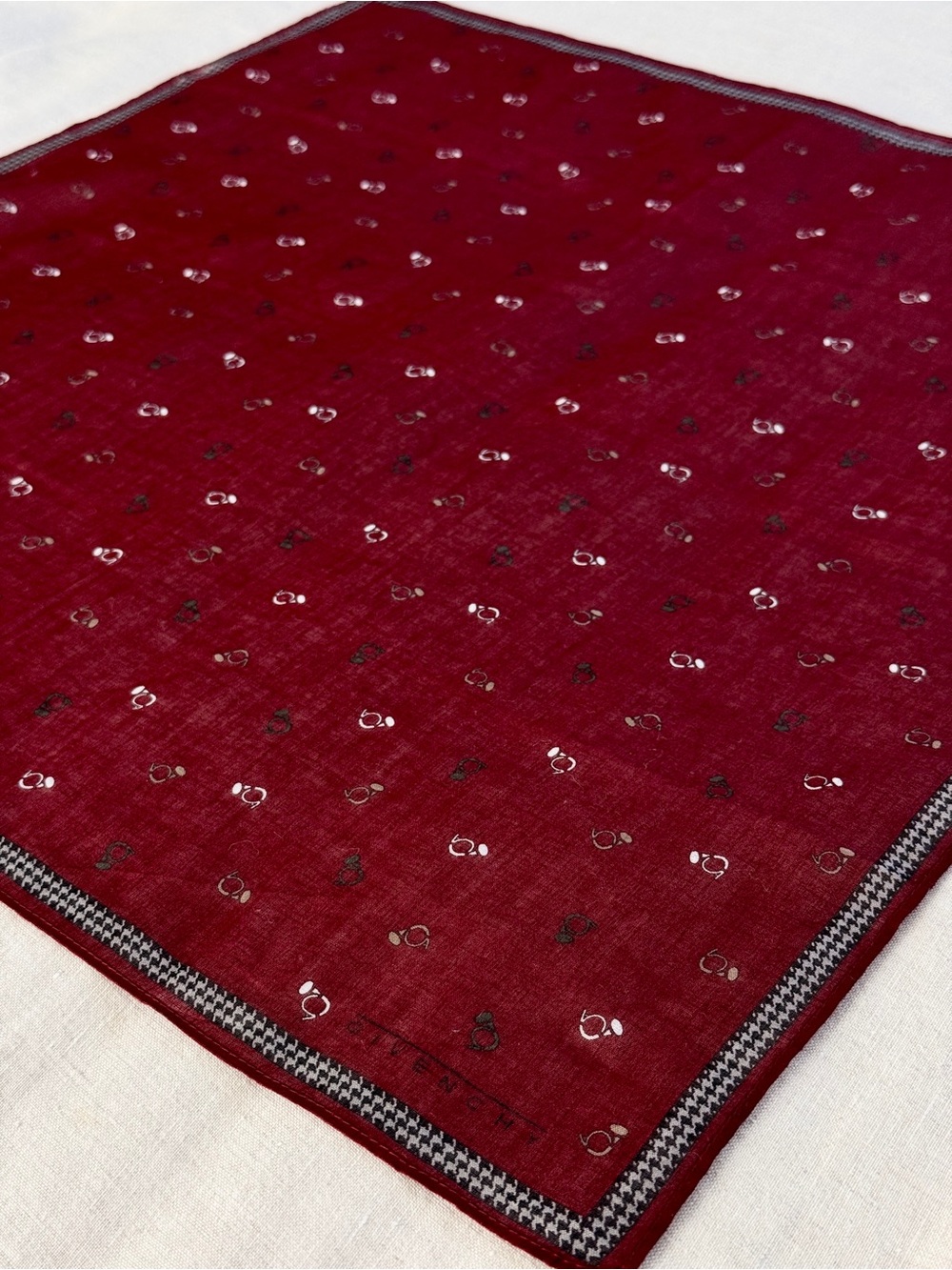Vintage Givenchy Burgundy Horn Print Cotton Bandana Scarf Made in Japan